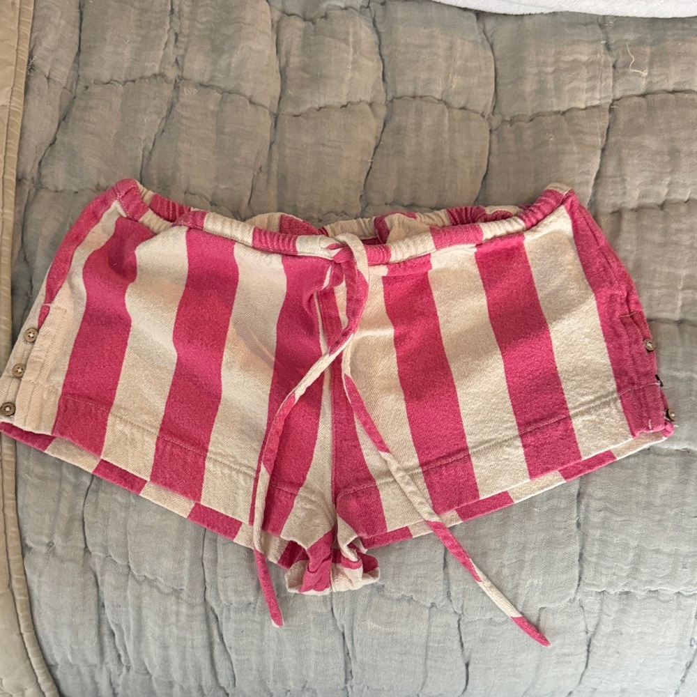 Free People Pink and Cream Striped Women's Drawstring Shorts Medium